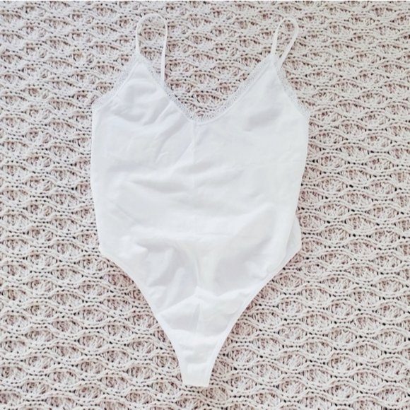 Forever 21 V Neck Strappy Thong Bodysuit Onesie- White - Picture 2 of 5
